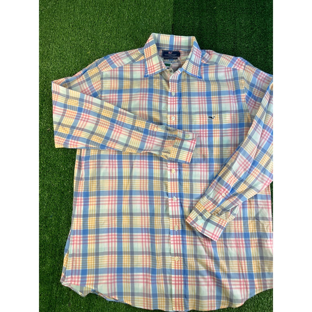 Vineyard Vines Mens Slim Fit Tucker Shirt Large Pastel Plaid Long Sleeve Cotton